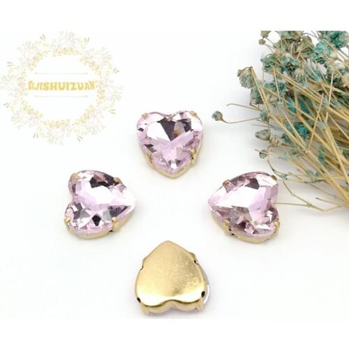 Pink Heart shape Crystal Glass Sewing Rhinestones with gold Claw Rhinestones for Diy wedding Dress and Bags