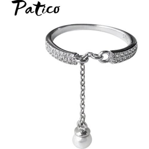 Creative S925 Stamp Sterling Silver Micro Zircon Rings Pearl Link Chain Tassel Adjustable Rings for Women anillos Bague