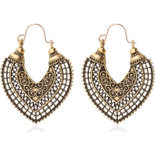 Bohemia Style Vintage Silver Plated Heart Shape Flower Drop Earrings Ethnic Hollow Heart Hoop Earrings