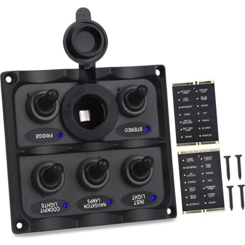 Waterproof Circuit Breaker Yacht Boat Switch Panel 12v Marine Car 5 Gang Rocker Switch Panel Led + Cigarette Lighter Plug