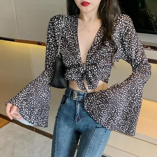 2021 Spring Summer Dots Printed Women Sexy Blouses Open Front Chest Knot Shirts Long Flare Sleeves V-Neck Female Pullover Tops