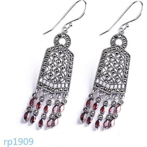 KJJEAXCMY boutique jewelry S925 Delicate fringed womens pomegranate red and black agate earrings in sterling silver