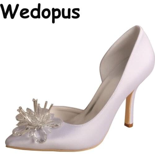 Custom Handmade Female Heel Shoes White in Wedding with Crystal Ornament 9.5CM
