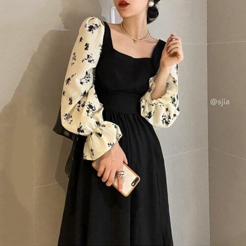 Woman Dress 2021 New Korea Fashion French Elegant Square Collar High Waist Stitching Floral Puff Sleeve Split Vestidos