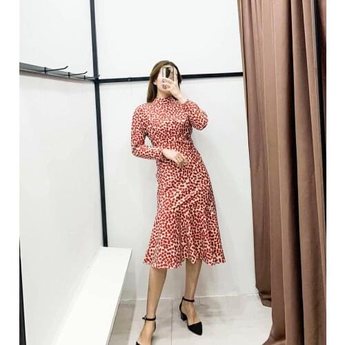 Red heart print sexy Trumpet dress women long sleeve mermaid vestidos drapped office lady ropa mujer casual wearing