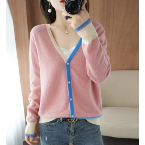 100% pure wool sweater ladies knit V-neck, full sleeve cardigan jacket cashmere sweater comfortable and versatile spring and aut