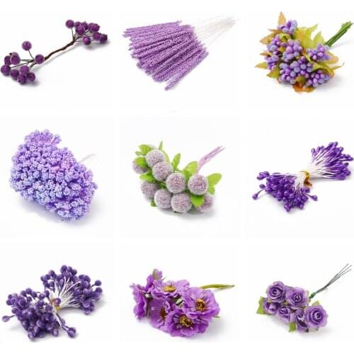 6-90pcs Purple Artificial Hybrid Flower Cherry Stamen Berries Bundle DIY Christmas Wedding Cake Gift Box Wreaths Fake Flower