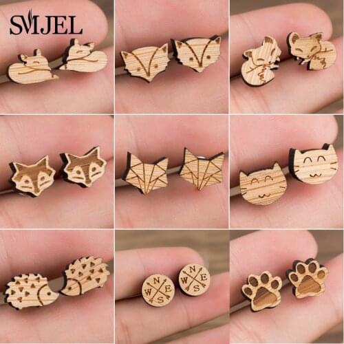 SMJEL Wood Earings Jewelry Cute Animal Fox Stud Earring for Women Girls Kids Ear Earrings Piercing Pendients Party Gifts