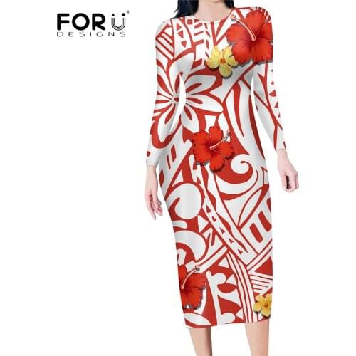FORUDESIGNS Women Long Sleeves Sexy Bodycon Pencil Dress Red Color Hawaii Hibiscus Flower Printing High Quality Female Vestidos