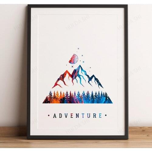 Geometric Nature Print, Forest, Mountains, Moon, Stars, Landscape Print, Geometric Print, Abstract Print,Nature Art