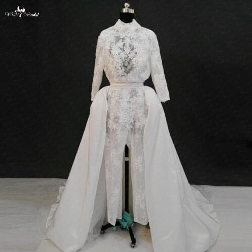 RSW1139 Real Pictures Yiaibridal Long Sleeves High Neckline Jumpsuit Backless Wedding Dresses Removable Skirt