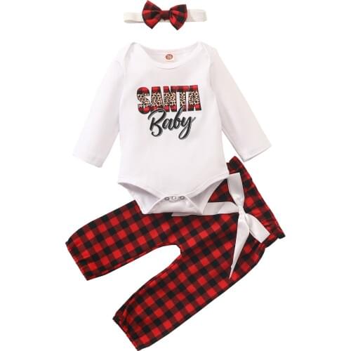 Baby Girl Christmas Clothing Sets Letter Long Sleeve Bodysuit Plaid Pants Headband 0-24M Newborn Toddler Festival Cotton Outfits