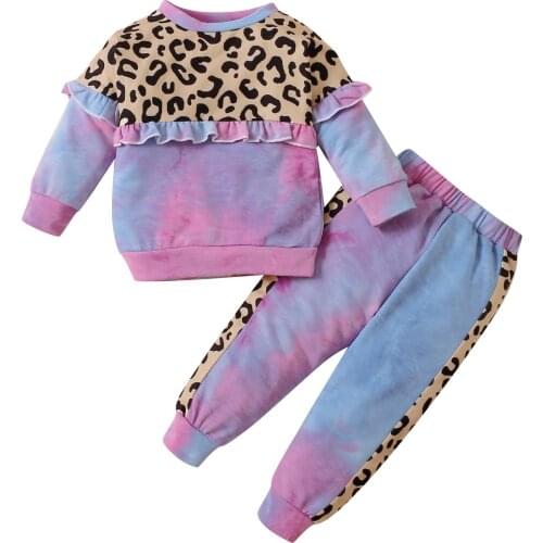 New 2 Pieces Kids Suit Set, Girls Tie-Dyed Leopard Print Round Neck Long Sleeve Tops+ Trousers for Toddler, 1-5 Years