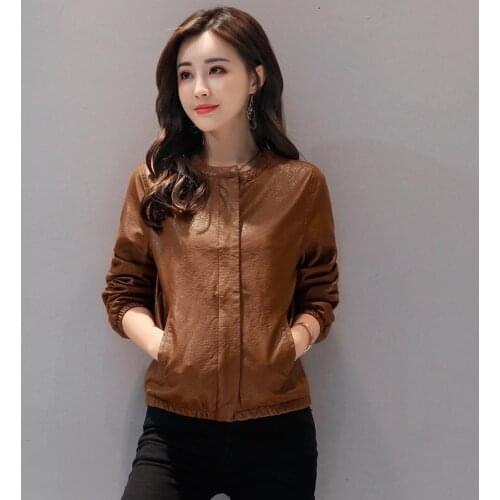 Leather Womens Short Jacket Spring And Autumn 2021 New Korean Version Of Loose Round Neck PU Leather Jacket