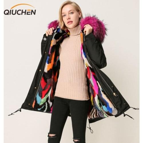 QIUCHEN 2018 New arrival free shipping high quality mink fur lined waterproof jacket can remove parka length88cm