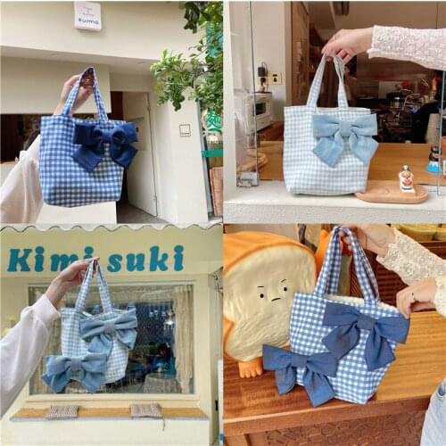Summer Bowknot Women Mini Plaid Lunch Shoulder Bag Cute Girl Japanese Student Tote Handbag
