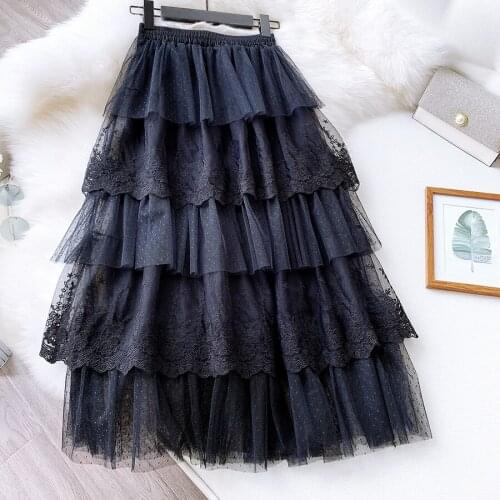 Sweet Flower Embroidered Cake Tutu Skirt WF0090 Women Ladies Tulle Lace Ball Gown Long Wedding Party Black White Skirt