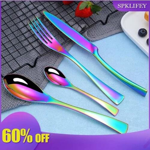 Spklifey Rainbow Cutlery Black Dinnerware Set 304 Stainless Steel Cutlery Set Knife Fork Spoon Tableware Wedding Silverware Set
