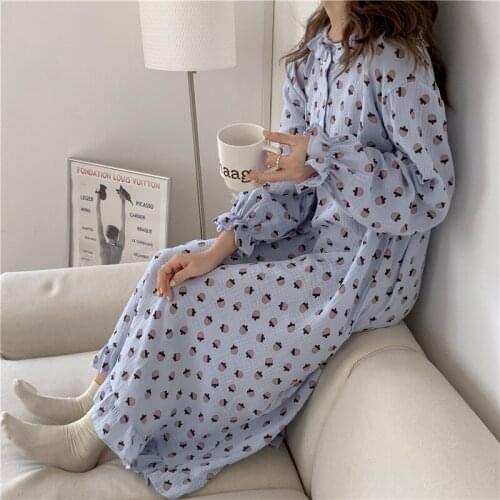 Kawaii Print Autumn Nightgown Women O-Neck Buttons Long Sleeve Casual Cotton Long Sleepwear Linen Homewear Loose Soft
