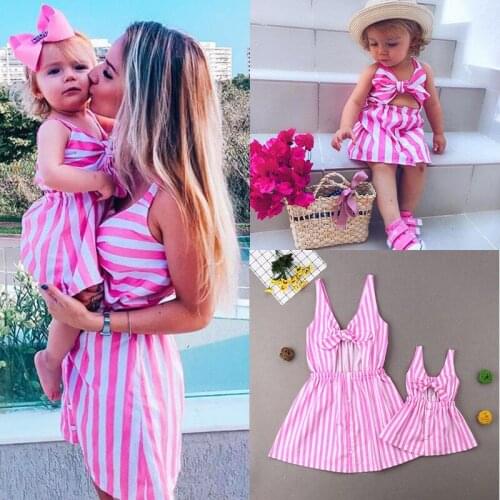 Clothes Sleeveless Strap Bowknot Knee-Length Beach Dress Summer Mother Daughter Striped Dress Family Matching Women Kid Girls