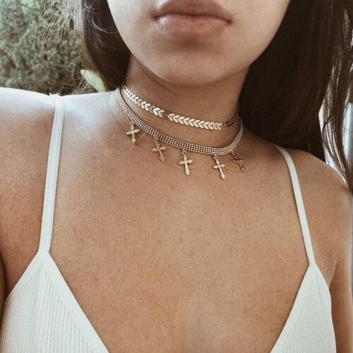 HebeDeer Choker Necklaces Cross Jewelry Multilayer Zinc Alloy Girl Light Yellow Gold Color Classic Necklace Chain Women Collier
