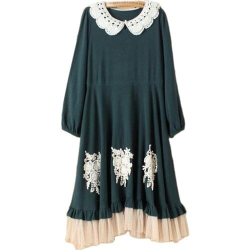 Japanese Lolita Mori Girl Bohemian Retro Vintage Ethnic Lace Collar Crochet Cotton Thick Long Sleeve Casual Women Autumn Dress