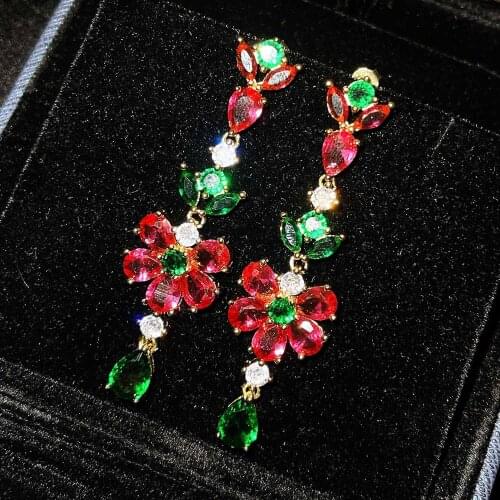 QTT Fashion Red Green Zircon Stone Flower Drop Dangle Earrings Earring CZ Women Charm Bridal Engagement Wedding Jewelry Gift