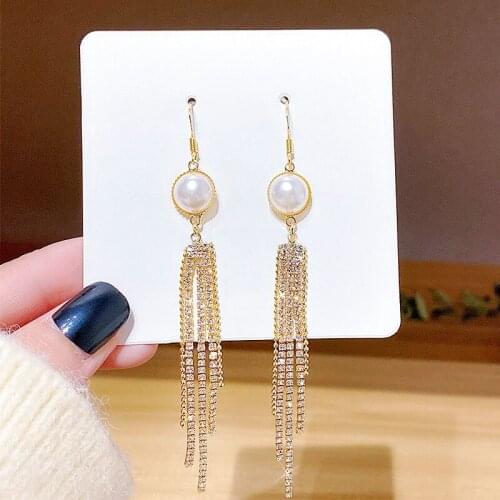 2021 new trendy pearl tassel earrings super fairy long earrings elegant fashion net red simple earrings