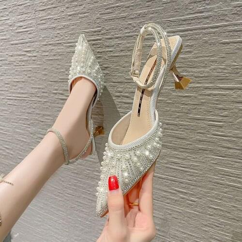 Wedding Shoes Female Pointed Toe Rhinestone White High Heels Stiletto Small Size Bride Bridesmaid Dress Shoes Summer