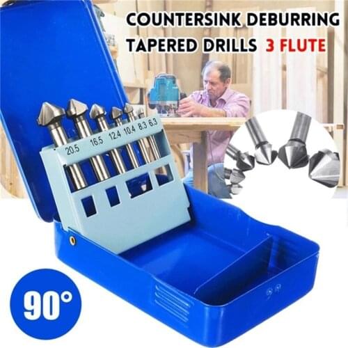 6Pcs 3 Flute Round Shank 90 Degree HSS Countersink Deburring Tapered Drill Bits Cricut Wood Milling Cutter Woodworking Tools