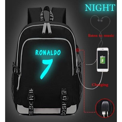 High quality Cristiano Ronaldo CR7 Luminous USB Charge Tenns backpack USB charging CR7 rucksack men women Mochila