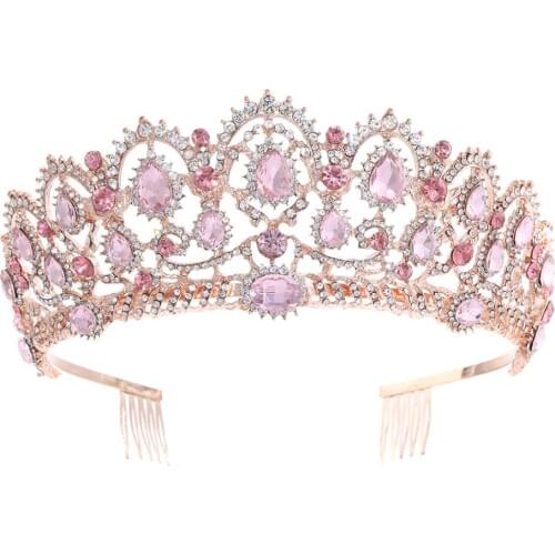 Rose Gold Pink Vintage Baroque Queen King Hair Jewelry Pearl Crystal Tiara And Crown With Comb Headband Bridal Rhinestone Diadem