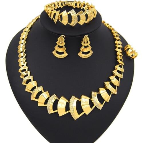 Yulaili High Quality Gold Color Necklace Stud Earrings Bracelet Ring Dubai Jewelry Sets for Women Christmas Gifts