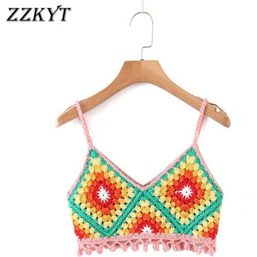 ZZKYT 2021 Women Summer Vintage Crochet Plaid Cropped Tank Tops Fashion V-Neck Sleeveless Backless Female Camis Chic Tops Mujer