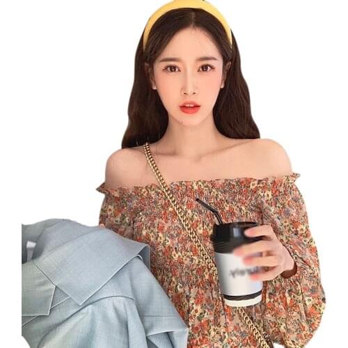 Womens Floral Print Square Collar Blouses Korean Style Sexy Sweet Long Sleeves Chiffon Shirts 2021