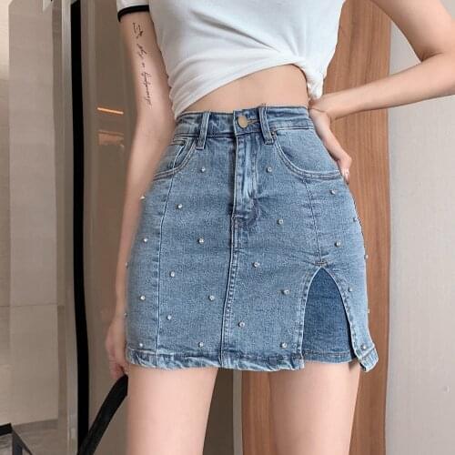 Women High Waisted Jeans Shorts Skirts with Rhinestone for 2021 Korean Fashion Summer Sexy Clothing Girls Mini Denim Hot Pants