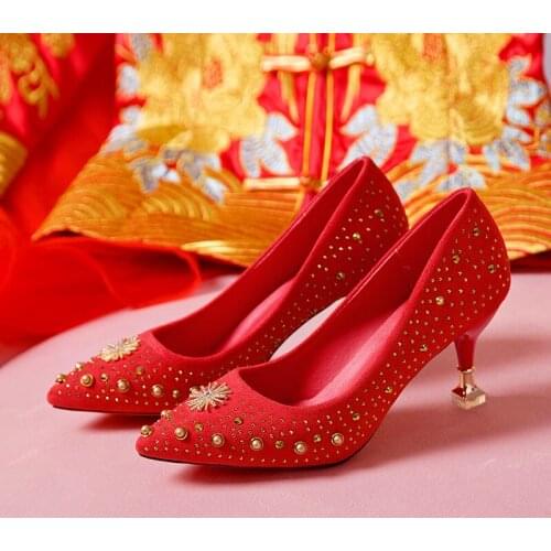 2021 Spring Summer Crystal Wedding Shoes Woman Pumps Sexy Ladies High Heels Fashion Party Women Thin Heels Red 5cm 7cm