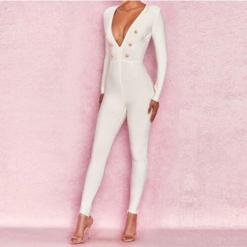 New Fashion Slim Sexy Women Bandage Jumpsuit White Button Full Length Evening Club Party Bodysuit Rompers Pencil Pants