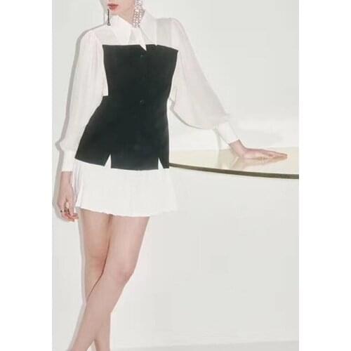 Autumn 2020 new fashion temperament Lapel black and white contrast stitching three dimensional waist length bra Pleated Dress