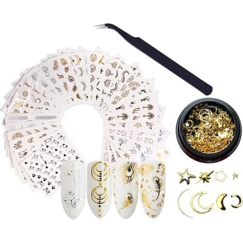 1 Box Nail Stud Hollow Moon Star 3D Nail Charm Nail Parts Decoration with 30 Sheet Nail Sticker & Tweezer for Women Girl
