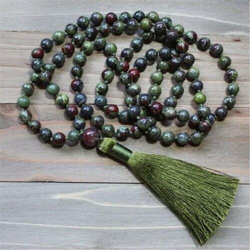 8mm Natural Dragon Blood Jasper 108 Beads Tassel Mala Necklace Healing Unisex Yoga Lucky Wristband Chakra Mala Wrist