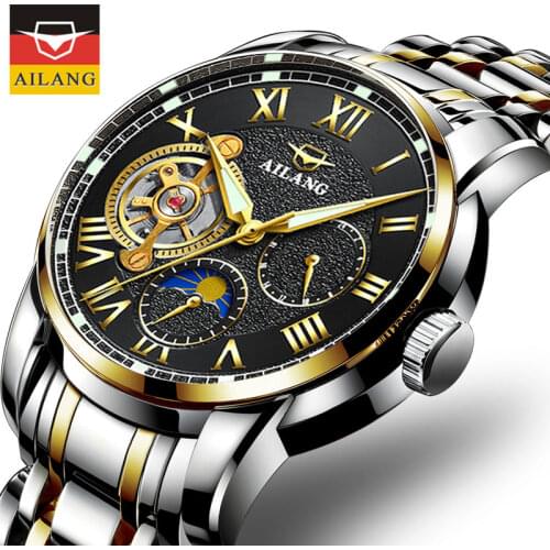 AILANG Automatic Mechanical Men Watch Steel Strap Waterproof Luminous Casual Tourbillon Watche Sports Men Silver Wristwatch