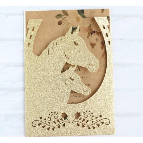 Glittery horse laser cut invitation pocket gold silver rose gold personalized insert card design 50 pcs