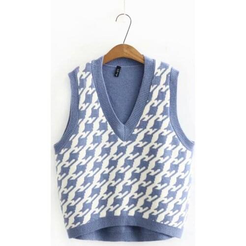Plus size V neck Plaid sleeveless women loose vest sweaters 2021 new autumn winter casual ladies pullovers knitted tops female