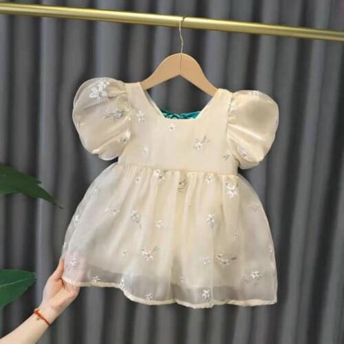 2021 Children Dresses Apricot Princess Bow Belt Short Sleeve Kids Clothes Girls Summer Dress Korean Style Casual Birthday Dress