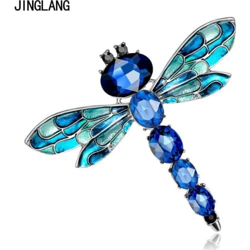 JINGLANG Silver Color Metal Animal Brooches Pins Crystal Enamel Dragonfly Brooches For Wen Clothes Decoration Jewelry