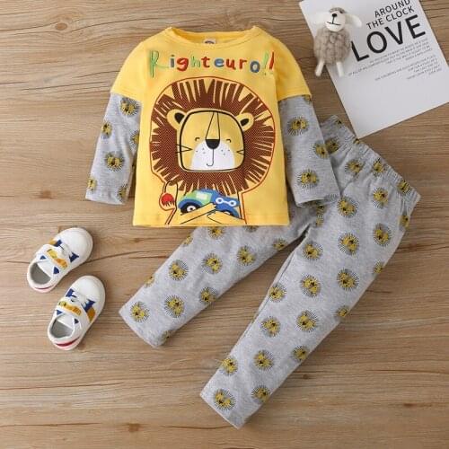 Cotton Toddler Boy Clothes Set 2 Pcs Set Letter Cartoon Lion Patchwork Long Sleeve Tops+long Pants Baby Girl Clothes Winter 1-6Y