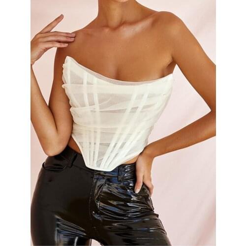 Sleeveless Fashion Strapless Bustier Corset Crop Tops Female Mesh Backless White Women Tops Zipper Summer