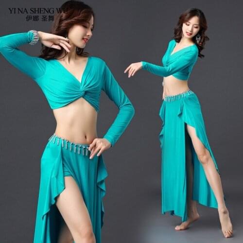 Women Belly Dance Costume 2 Piece Long Top Skirt Dancer Practice Wear Team Dance Oriental Dance Clothes