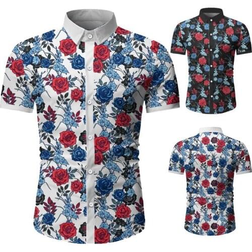 Mens summer style casual casual rose print short sleeve shirt European and American sizes business beach Hawaii slim shirt XXXL